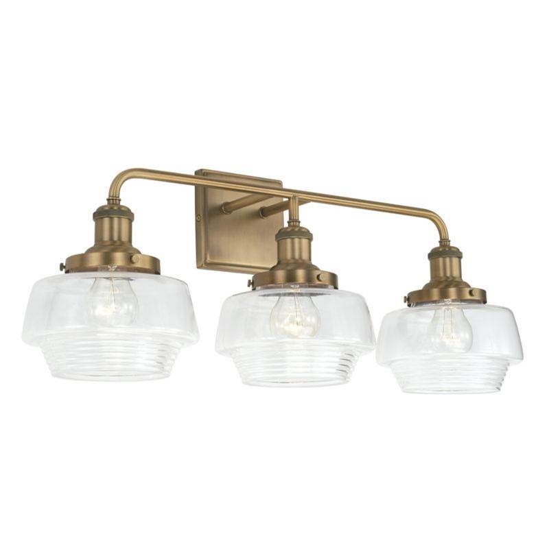 Capital Lighting Miller 3-Light Vanity in Aged Brass with Clear Ribbed Glass