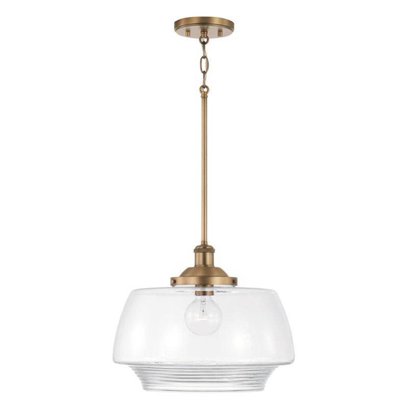 Capital Lighting Miller 1-Light Pendant in Aged Brass with Clear Ribbed Glass