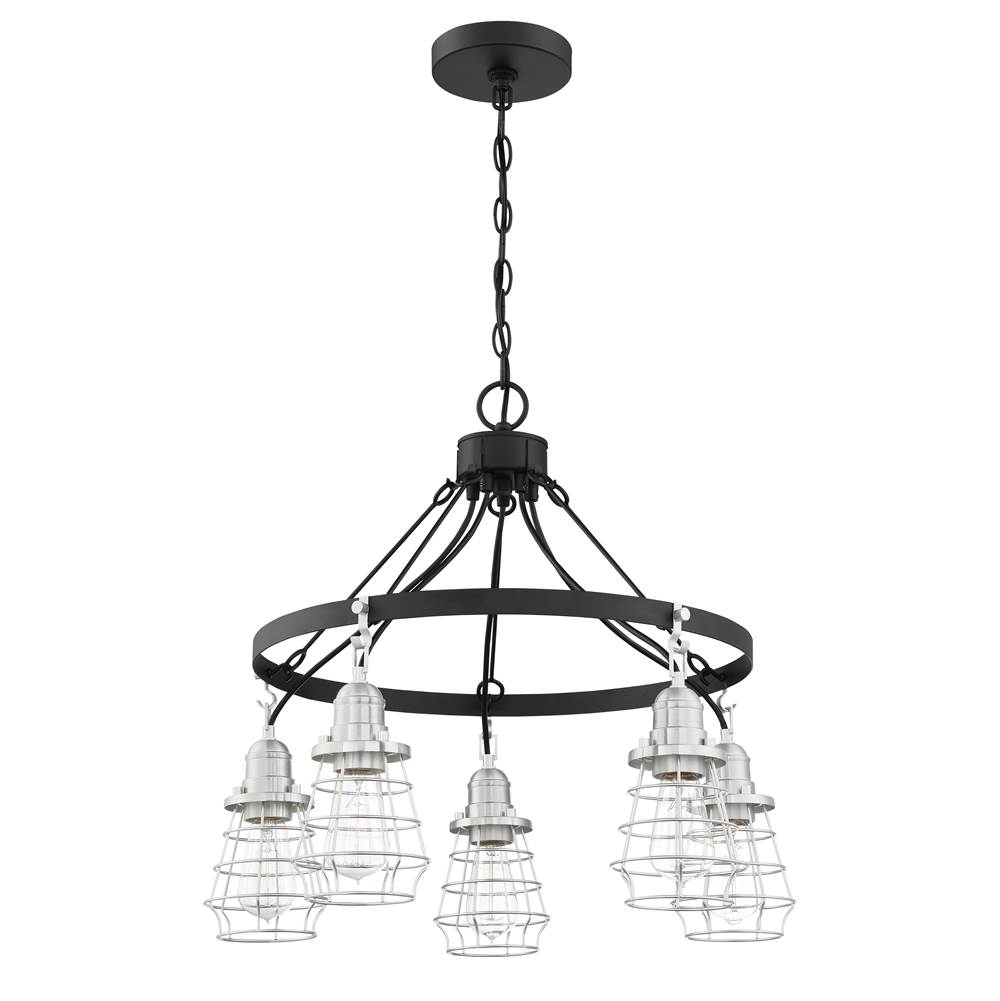Craftmade Thatcher 5 Light Down Chandelier in Flat Black with Brushed Polished Nickel Cages
