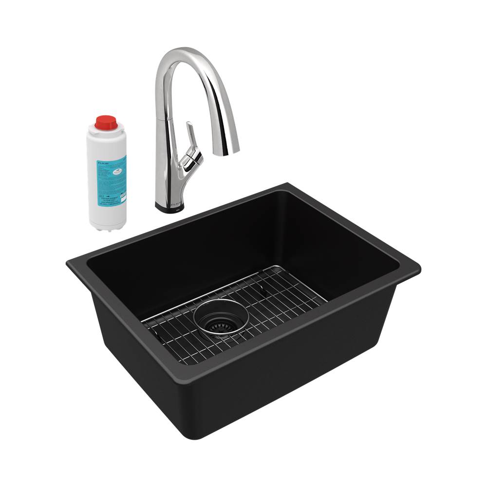 Elkay Quartz Classic 24-5/8'' x 18-1/2'' x 9-1/2'', Single Bowl Undermount Sink Kit with Filtered Faucet, Black