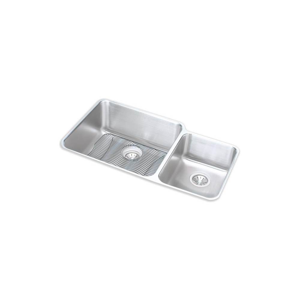 Elkay Lustertone Classic Stainless Steel 35-1/4'' x 20-1/2'' x 9-7/8'', Offset 60/40 Double Bowl Undermount Sink Kit