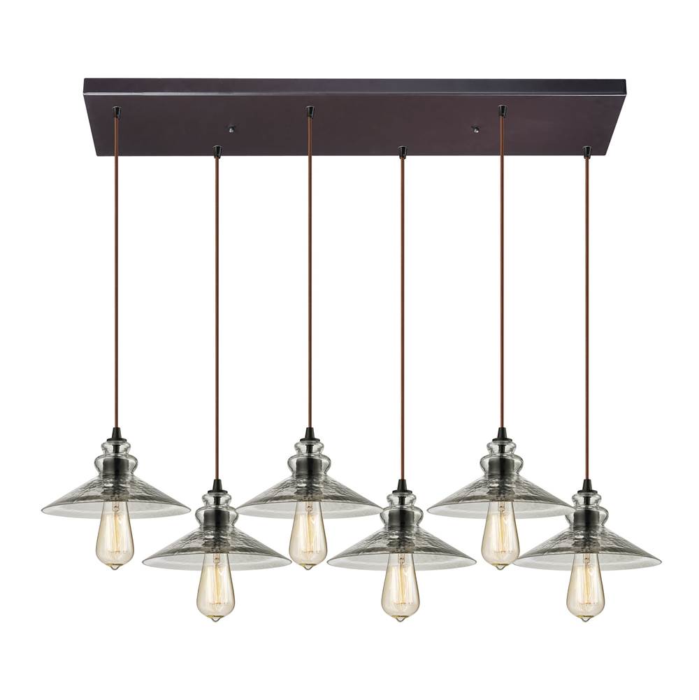 Elk Lighting Hammered Glass 6-Light Rectangular Pendant Fixture in Oiled Bronze With Hammered Clear Glass