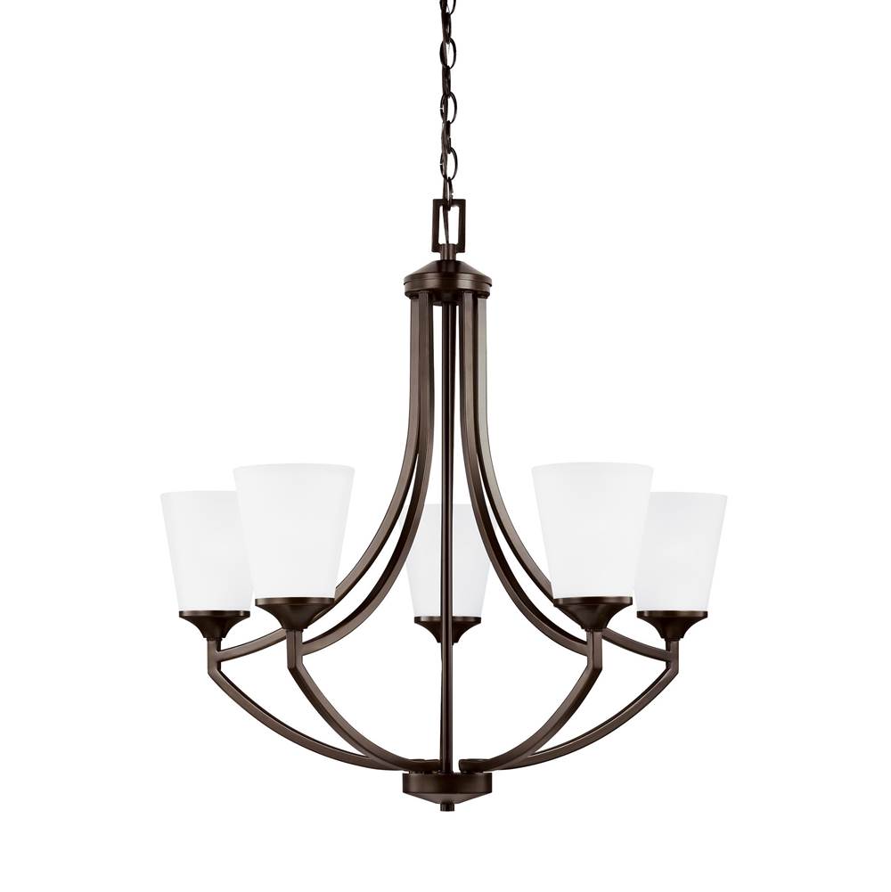 Generation Lighting Hanford Traditional 5-Light Led Indoor Dimmable Ceiling Chandelier Pendant Light In Bronze Finish With Satin Etched Glass Shades
