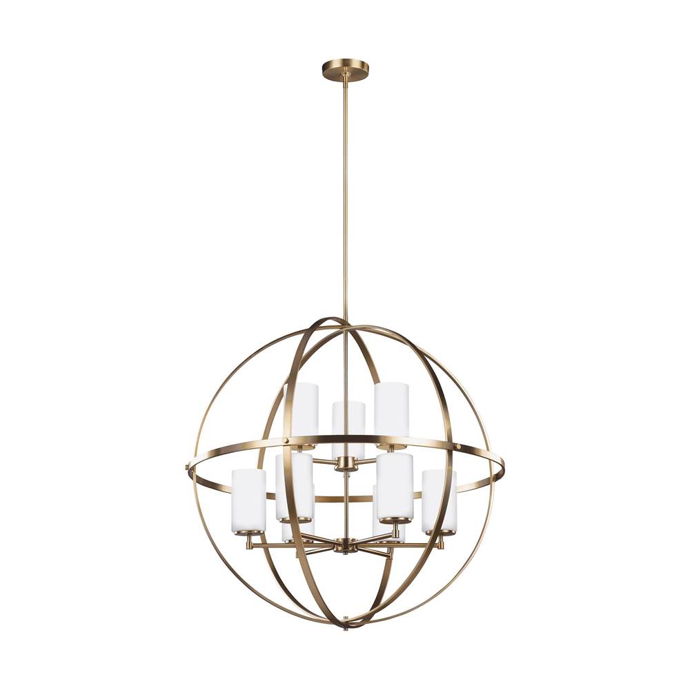 Generation Lighting Alturas Contemporary 9-Light Indoor Dimmable Ceiling Chandelier Pendant Light In Satin Brass Gold Finish With Etched White Inside Glass Shades