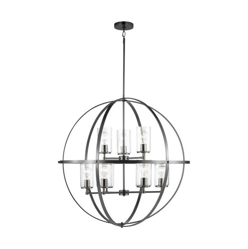 Generation Lighting Alturas Indoor Dimmable 9-Light Multi-Tier Chandelier In Pewter Bronze Finish W/Spherical Steel Frame And Cylindrical Clear Seeded Glass Shades