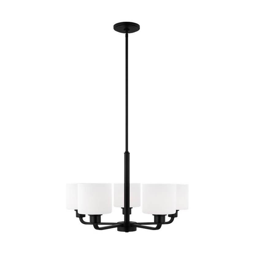 Generation Lighting Canfield Indoor Dimmable 5-Light Chandelier In Midnight Black Finish And Etched White Glass Shade