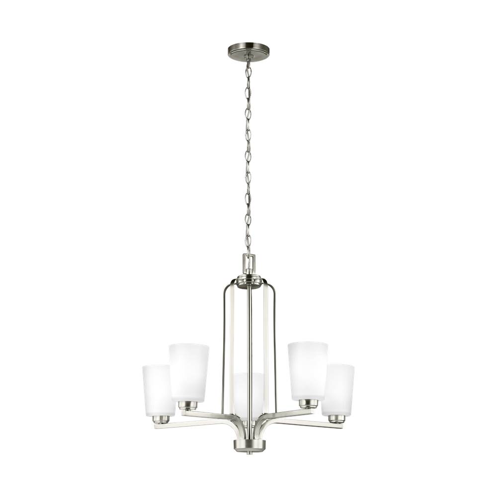 Generation Lighting Franport Transitional 5-Light Indoor Dimmable Ceiling Chandelier Pendant Light In Brushed Nickel Silver Finish With Etched White Glass Shades