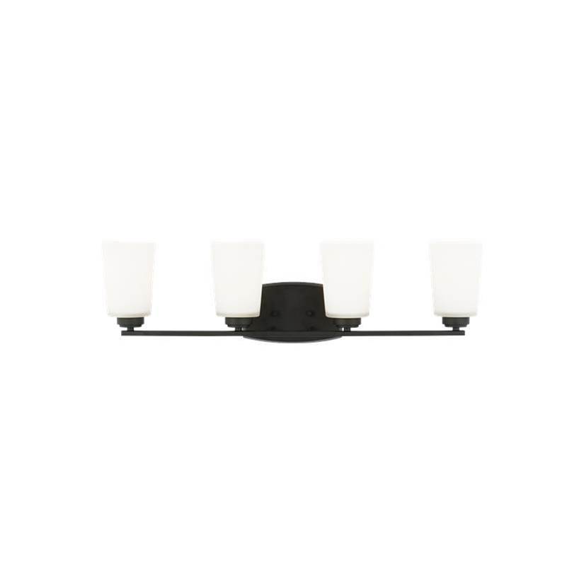 Generation Lighting Franport Transitional 4-Light Indoor Dimmable Bath Vanity Wall Sconce In Midnight Black Finish With Etched White Glass Shades