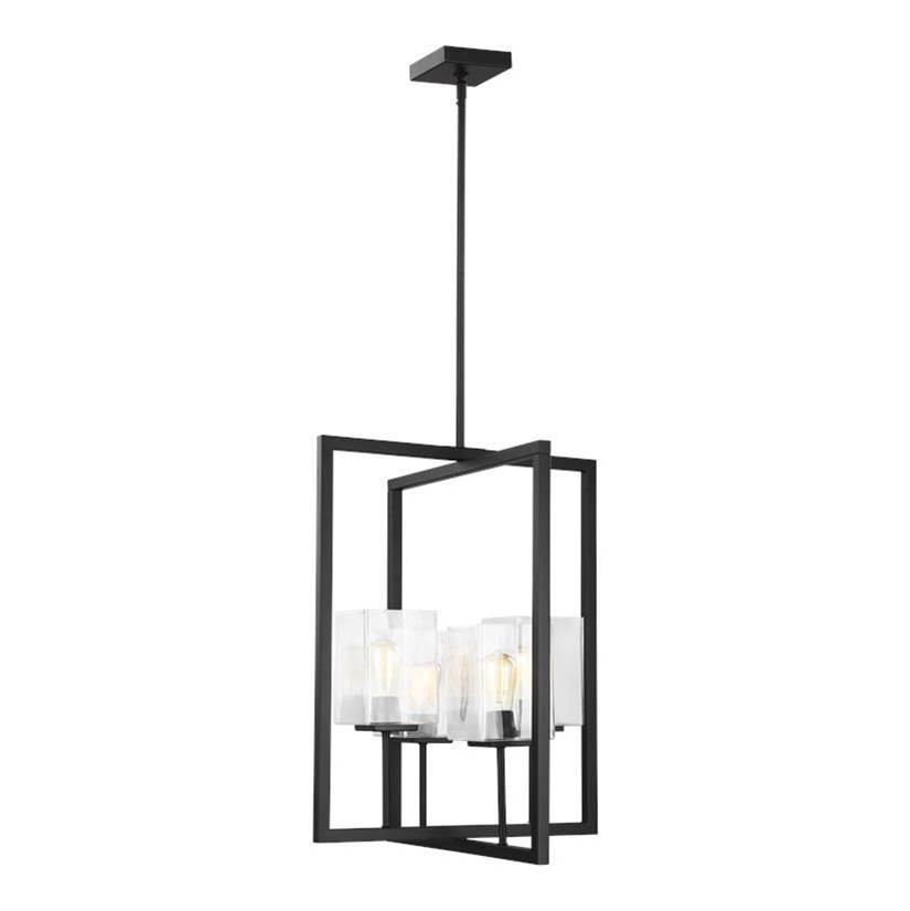 Generation Lighting Mitte Transitional 4-Light Indoor Dimmable Small Ceiling Pendant Hanging Chandelier Light In Midnight Black Finish With Clear Glass Shades