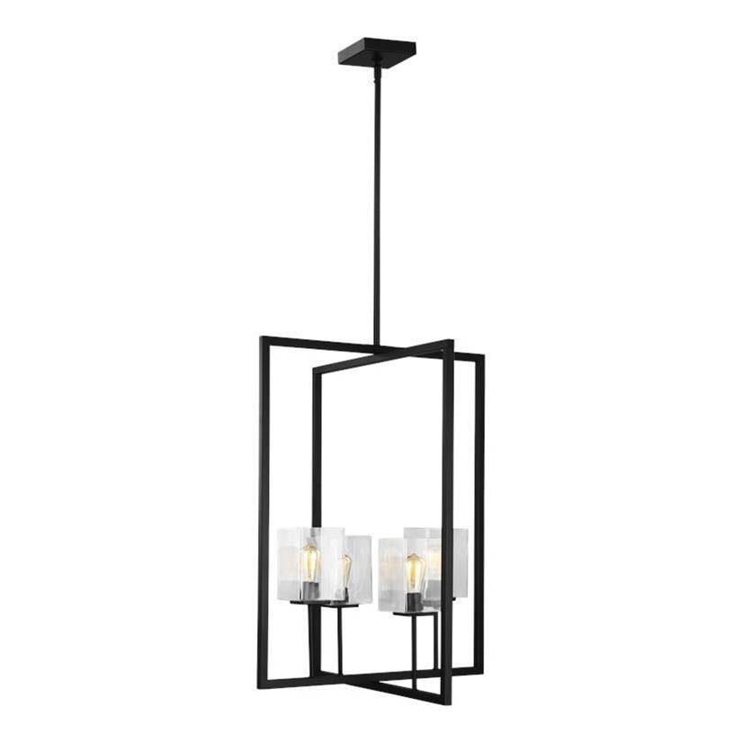 Generation Lighting Mitte Transitional 4-Light Indoor Dimmable Large Ceiling Pendant Hanging Chandelier Light In Midnight Black Finish With Clear Glass Shades