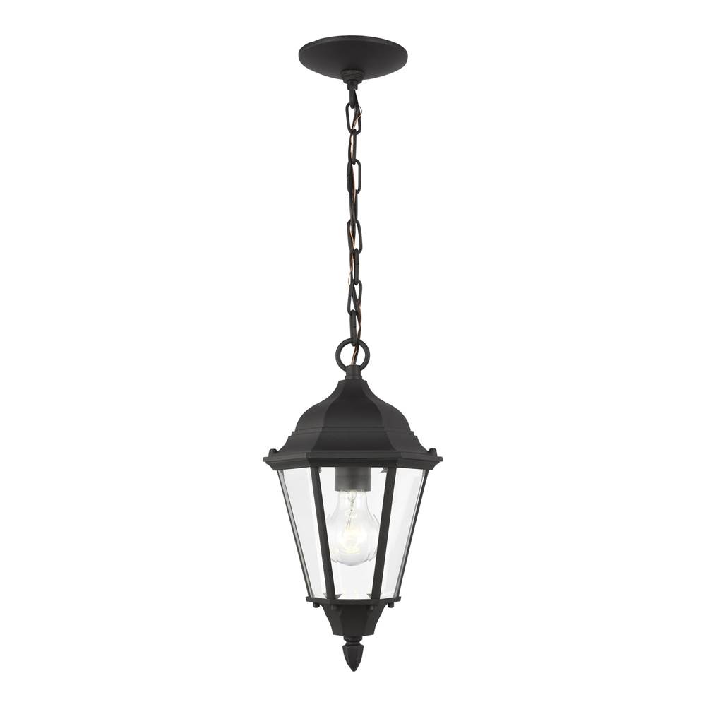 Generation Lighting Bakersville Traditional 1-Light Outdoor Exterior Pendant In Black Finish With Clear Beveled Glass Panels