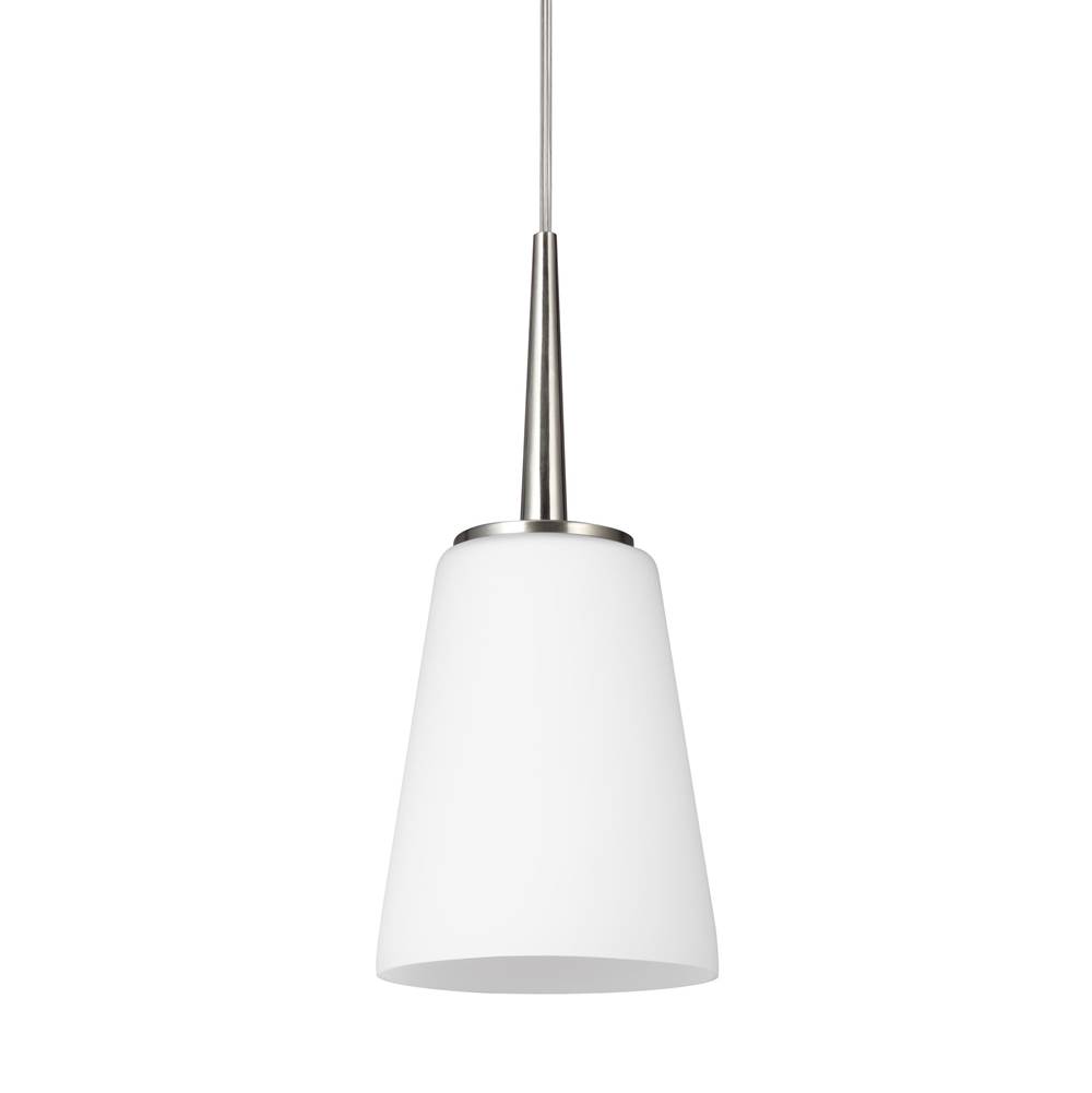 Generation Lighting Driscoll Contemporary 1-Light Indoor Dimmable Ceiling Hanging Single Pendant Light In Brushed Nickel Silver Finish With Cased Opal Etched Glass