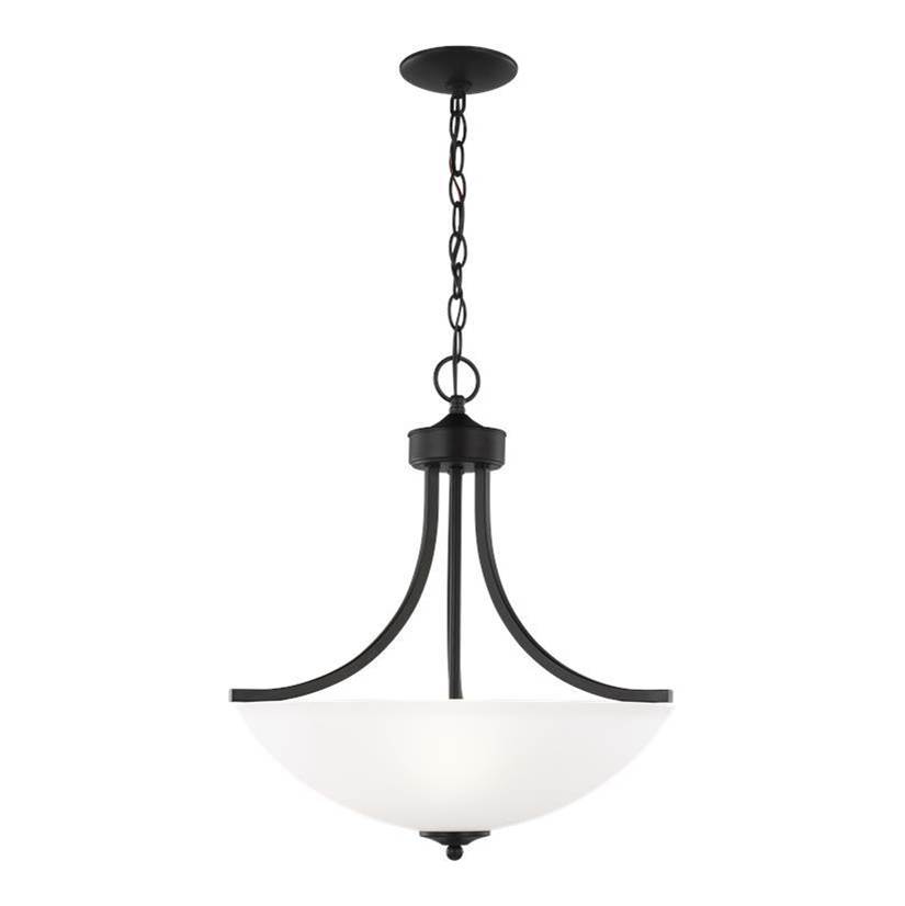Generation Lighting Geary Transitional 3-Light Indoor Dimmable Ceiling Pendant Hanging Chandelier Pendant Light In Midnight Black Finish W/Satin Etched Glass Shade