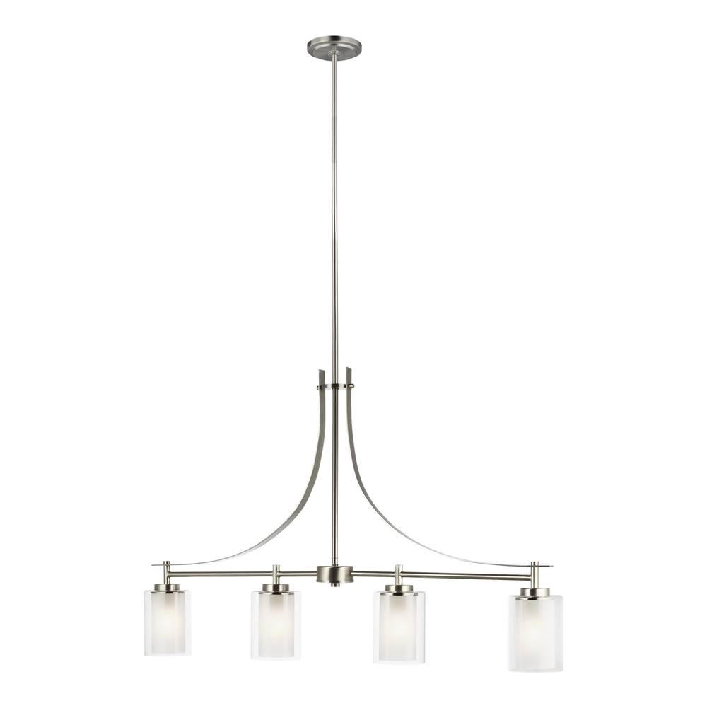 Generation Lighting Elmwood Park 4-Light Led Linear Ceiling Chandelier Pendant Light In Brushed Nickel Silver W/Satin Etched Glass Shades And Clear Glass Shades