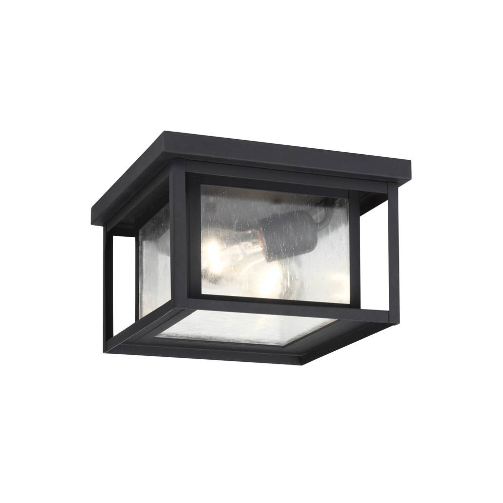 Generation Lighting Hunnington Contemporary 2-Light Outdoor Exterior Ceiling Flush Mount In Black Finish With Clear Seeded Glass Panels