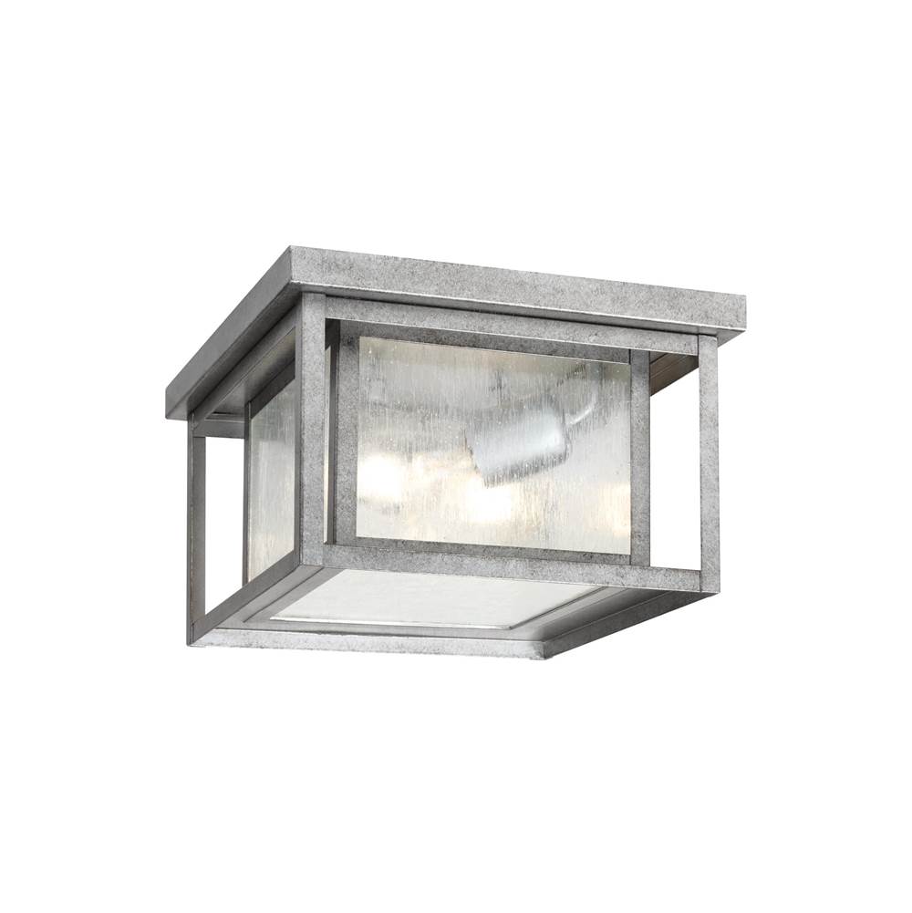 Generation Lighting Hunnington Contemporary 2-Light Outdoor Exterior Ceiling Flush Mount In Weathered Pewter Grey Finish With Clear Seeded Glass Panels