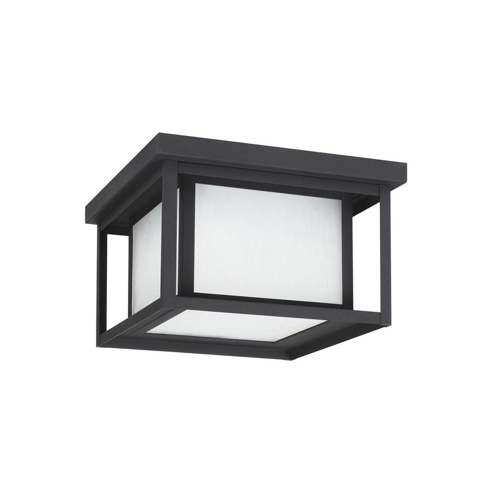Generation Lighting Hunnington Contemporary 1-Light Outdoor Exterior Led Outdoor Ceiling Flush Mount In Black Finish With Etched Seeded Glass Panels