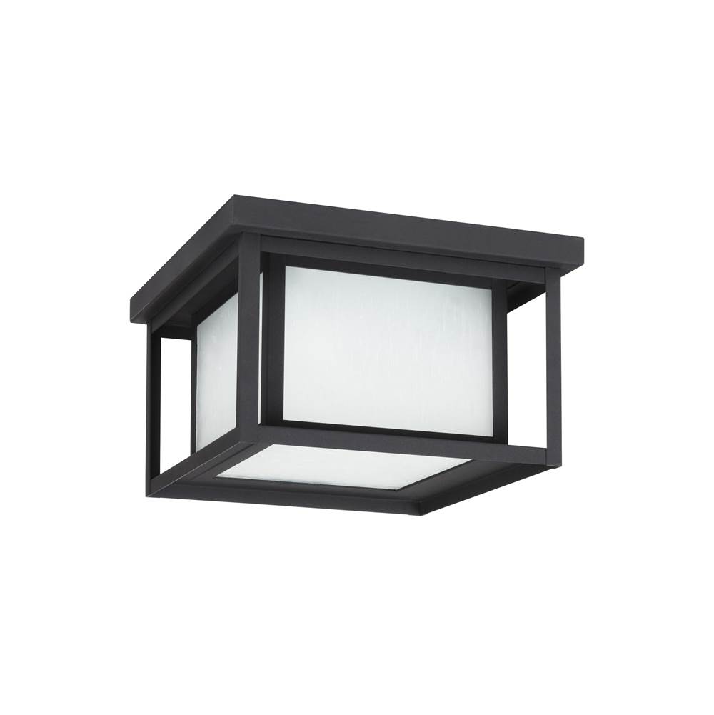 Generation Lighting Hunnington Contemporary 2-Light Outdoor Exterior Ceiling Flush Mount In Black Finish With Etched Seeded Glass Panels