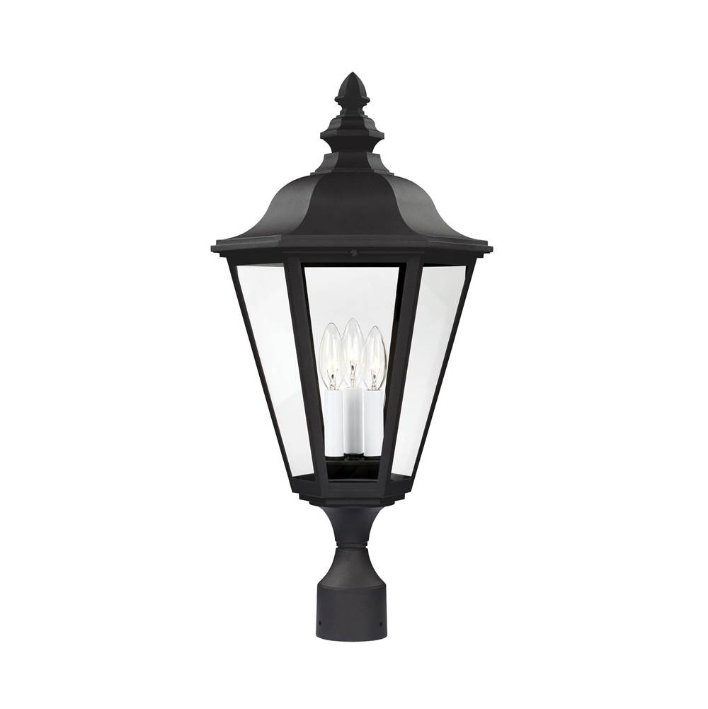 Generation Lighting Brentwood Traditional 3-Light Led Outdoor Exterior Post Lantern In Black Finish With Clear Glass Panels