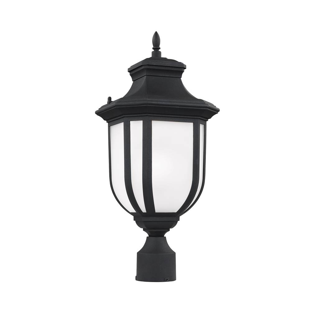 Generation Lighting Childress Traditional 1-Light Outdoor Exterior Post Lantern In Black Finish With Satin Etched Glass Panels