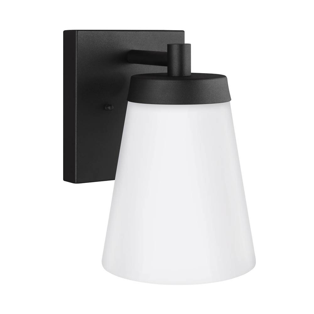 Generation Lighting Renville Transitional 1-Light Outdoor Exterior Large Wall Lantern Sconce In Black Finish With Satin Etched Glass Shade