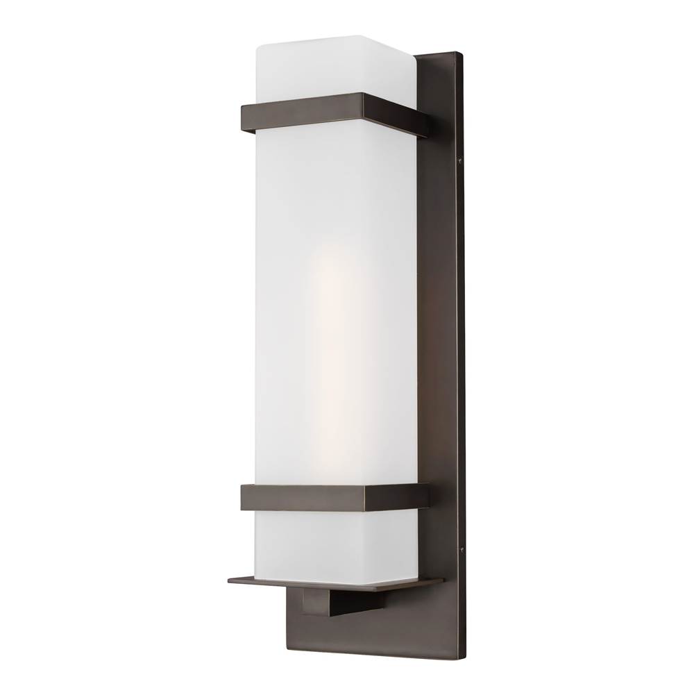 Generation Lighting Alban Modern 1-Light Led Outdoor Exterior Large Square Wall Lantern Sconce In Antique Bronze Finish With Etched Opal Glass Shade