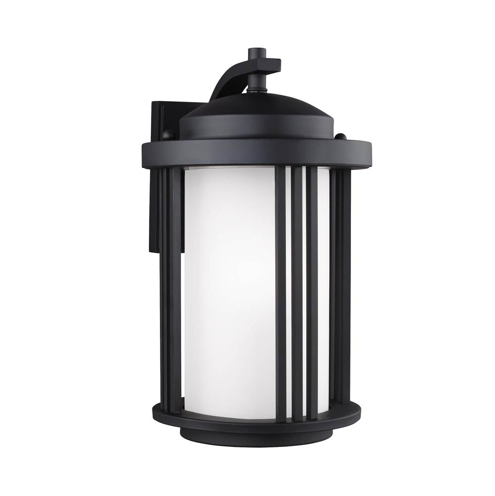 Generation Lighting Crowell Contemporary 1-Light Led Outdoor Exterior Medium Wall Lantern Sconce In Black Finish With Satin Etched Glass Shade