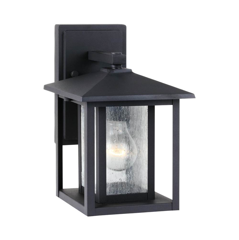 Generation Lighting Hunnington Contemporary 1-Light Outdoor Exterior Small Wall Lantern In Black Finish With Clear Seeded Glass Panels