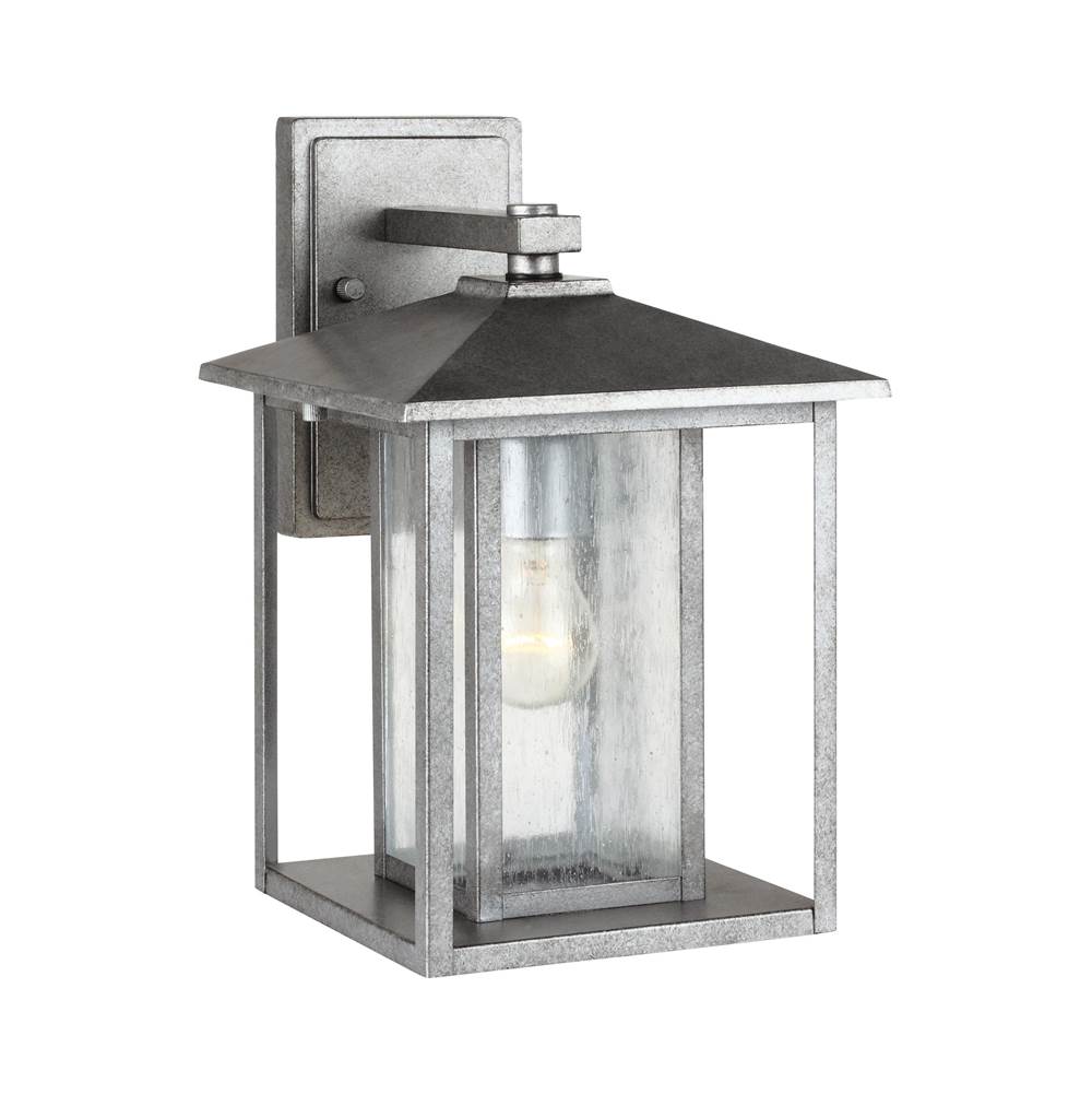 Generation Lighting Hunnington Contemporary 1-Light Outdoor Exterior Medium Wall Lantern In Weathered Pewter Grey Finish With Clear Seeded Glass Panels