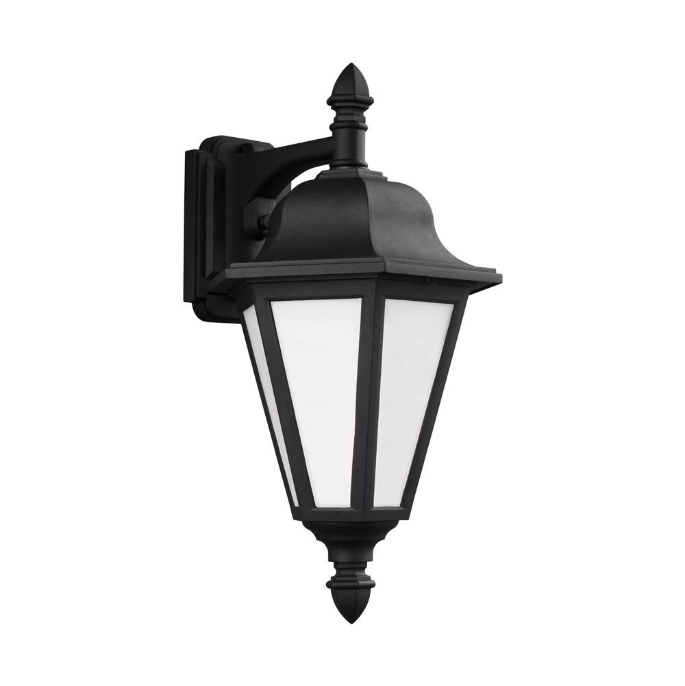 Generation Lighting Brentwood Traditional 1-Light Outdoor Exterior Medium Downlight Wall Lantern Sconce In Black Finish With Smooth White Glass Panels
