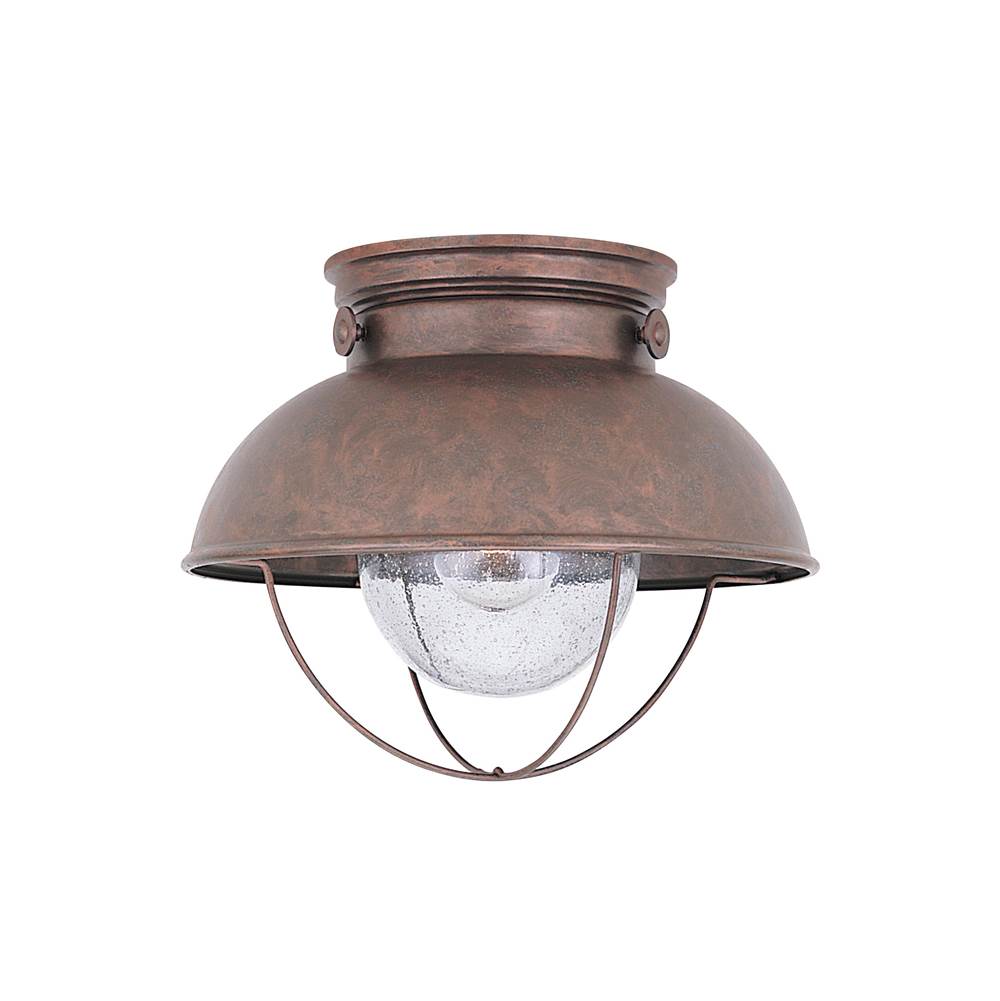 Generation Lighting Sebring Transitional 1-Light Outdoor Exterior Ceiling Flush Mount In Weathered Copper Finish With Clear Seeded Glass Diffuser