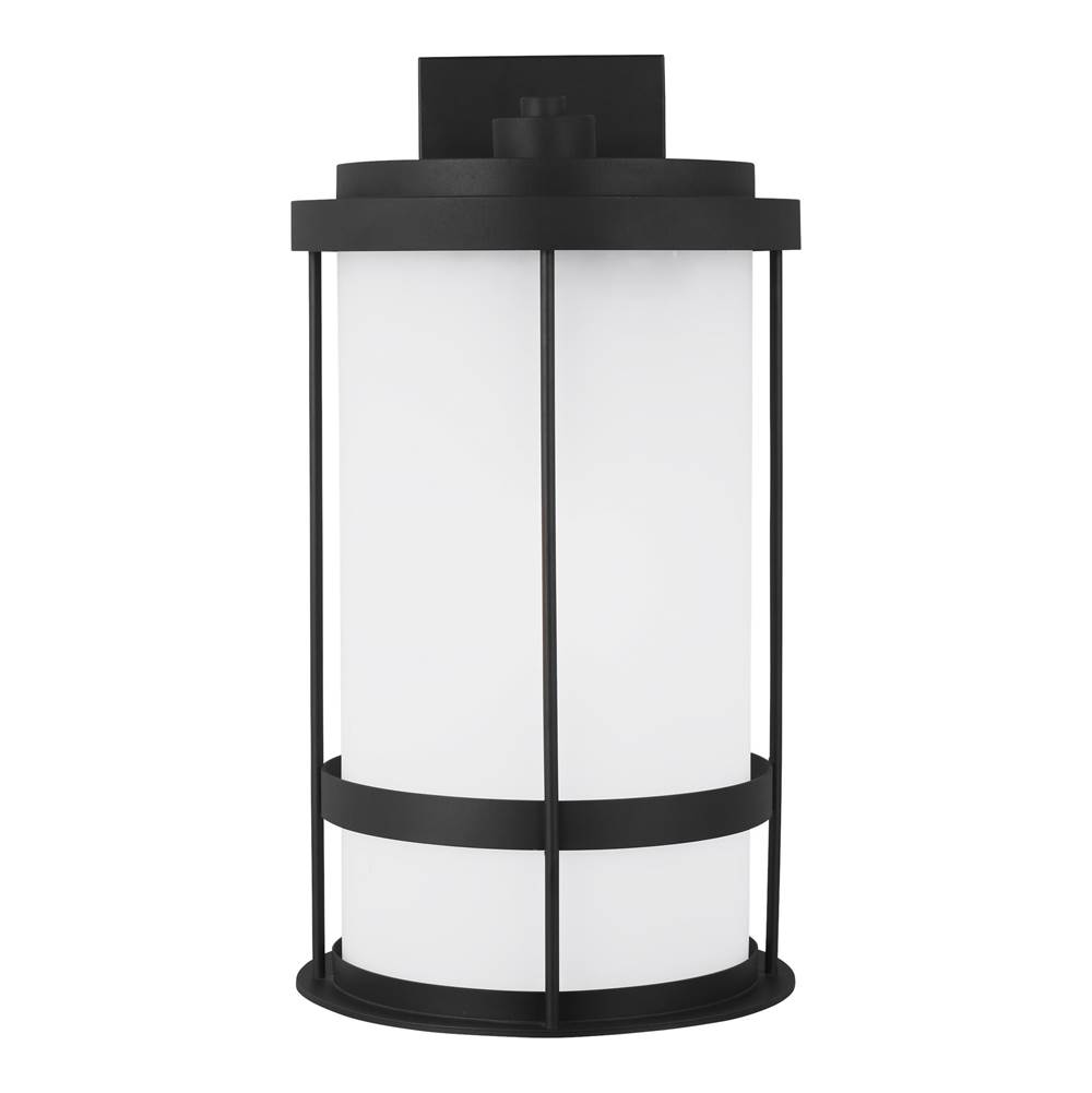 Generation Lighting Wilburn Modern 1-Light Outdoor Exterior Dark Sky Compliant Extra Large Wall Lantern Sconce In Black Finish With Satin Etched Glass Shade