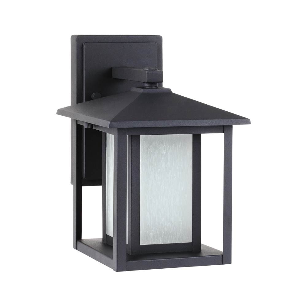 Generation Lighting Hunnington Contemporary 1-Light Outdoor Exterior Small Wall Lantern In Black Finish With Etched Seeded Glass Panels