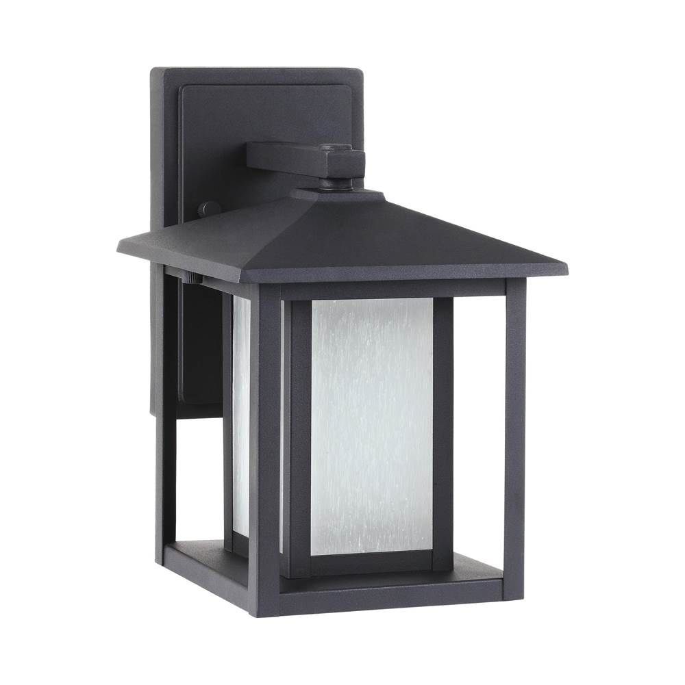 Generation Lighting Hunnington Contemporary 1-Light Outdoor Exterior Small Led Outdoor Wall Lantern In Black Finish With Etched Seeded Glass Panels