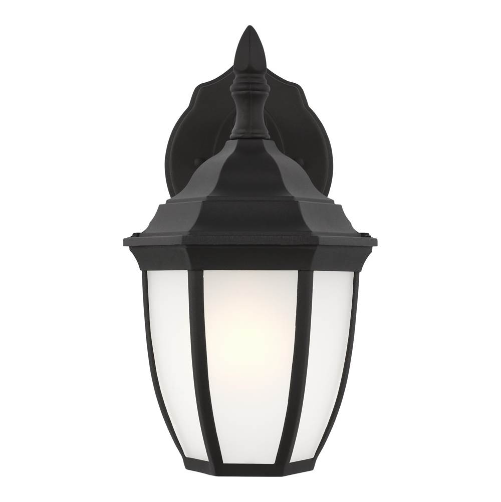Generation Lighting Bakersville Traditional 1-Light Outdoor Exterior Round Small Wall Lantern Sconce In Black Finish With Satin Etched Glass Panels