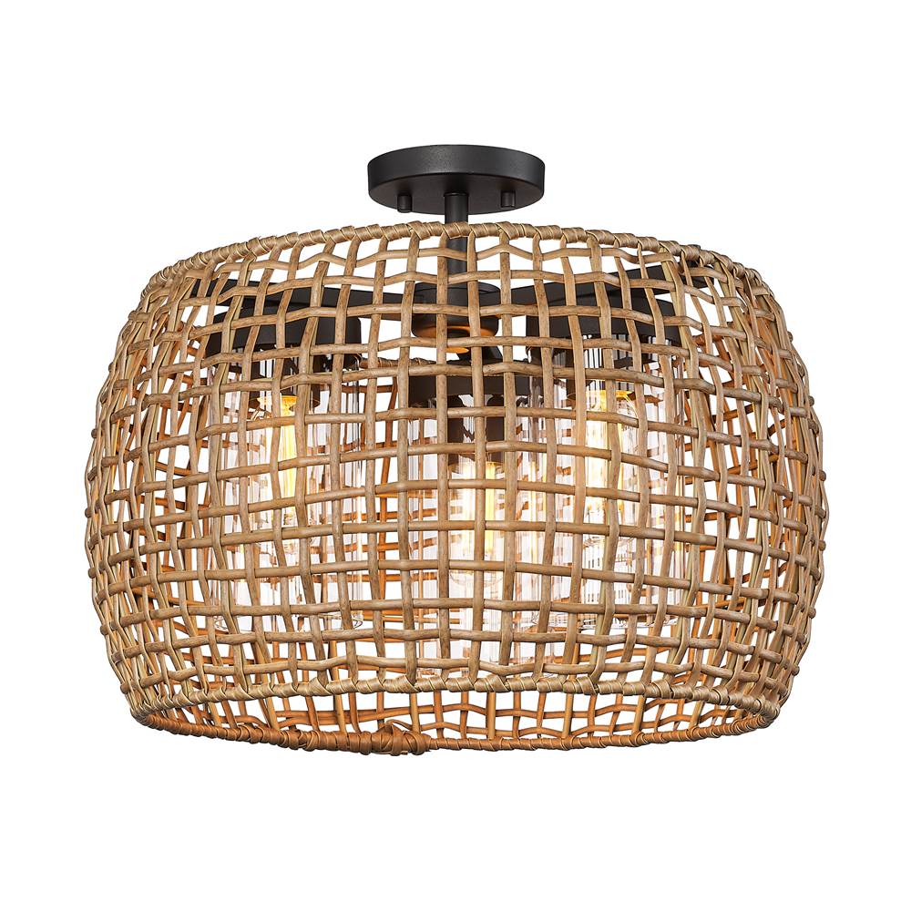 Golden Lighting Piper 3 Light Semi-Flush - Outdoor in Natural Black with Maple All-Weather Wicker Shade