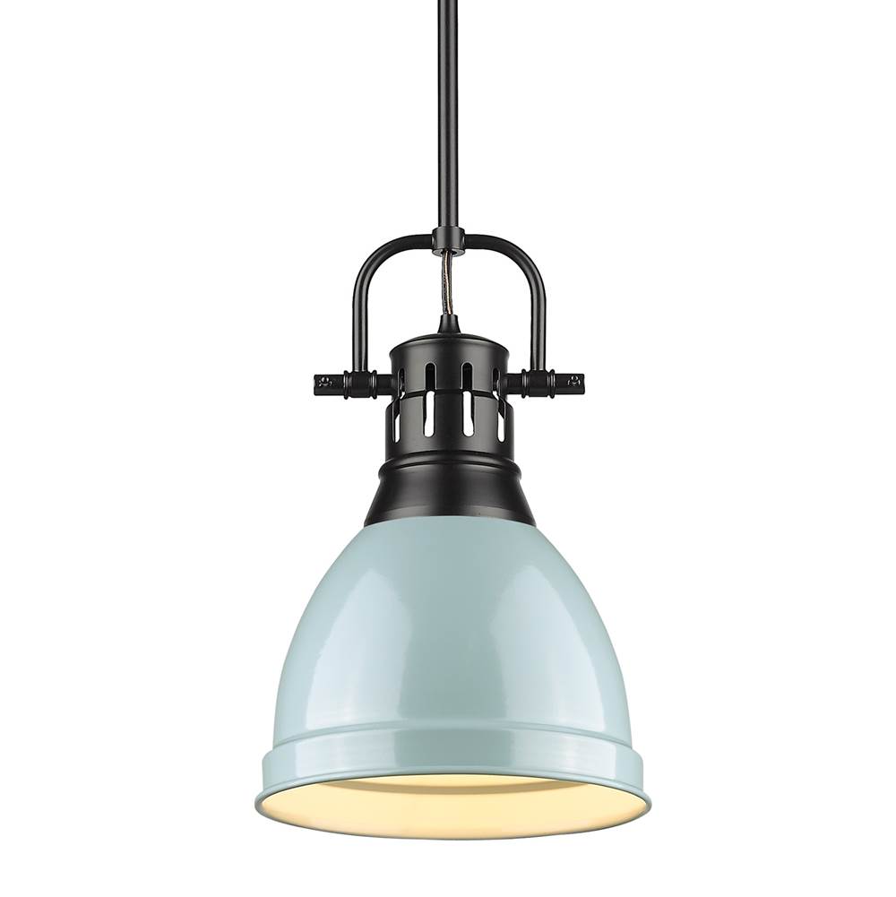 Golden Lighting Duncan Small Pendant with Rod in Matte Black with a Seafoam Shade