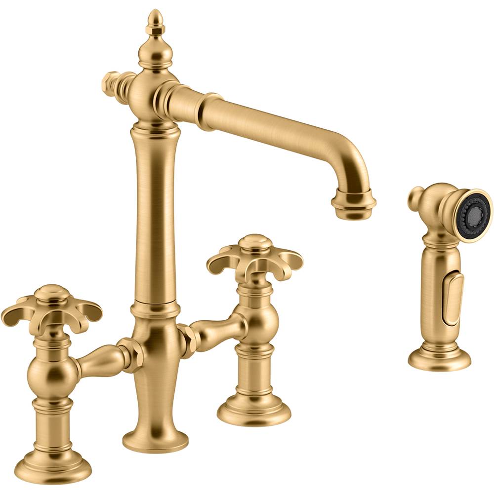 Kohler Artifacts® deck-mount bridge kitchen sink faucet with prong handles and sidespray