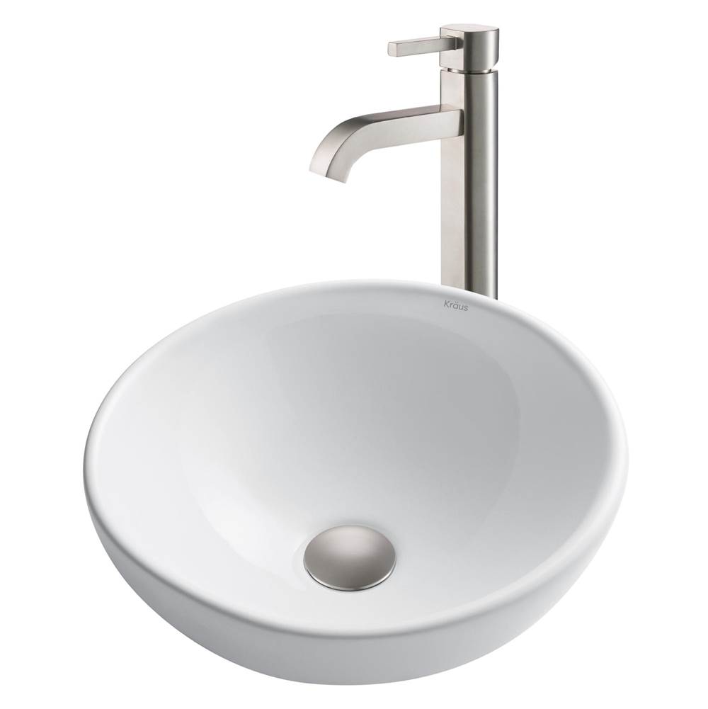 Kraus 16-inch Round White Porcelain Ceramic Bathroom Vessel Sink and Ramus Faucet Combo Set with Pop-Up Drain, Satin Nickel Finish