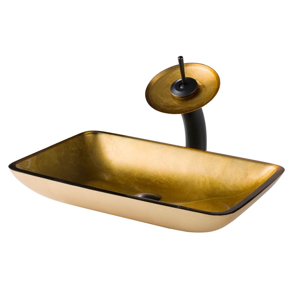 Kraus KRAUS Rectangular Gold Glass Bathroom Vessel Sink and Waterfall Faucet Combo Set with Matching Disk and Pop-Up Drain, Oil Rubbed Bronze Finish