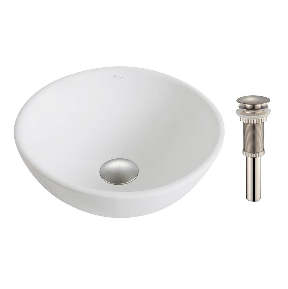 Kraus KRAUS Elavo™ Small Round Ceramic Vessel Bathroom Sink in White with Pop-Up Drain in Brushed Nickel