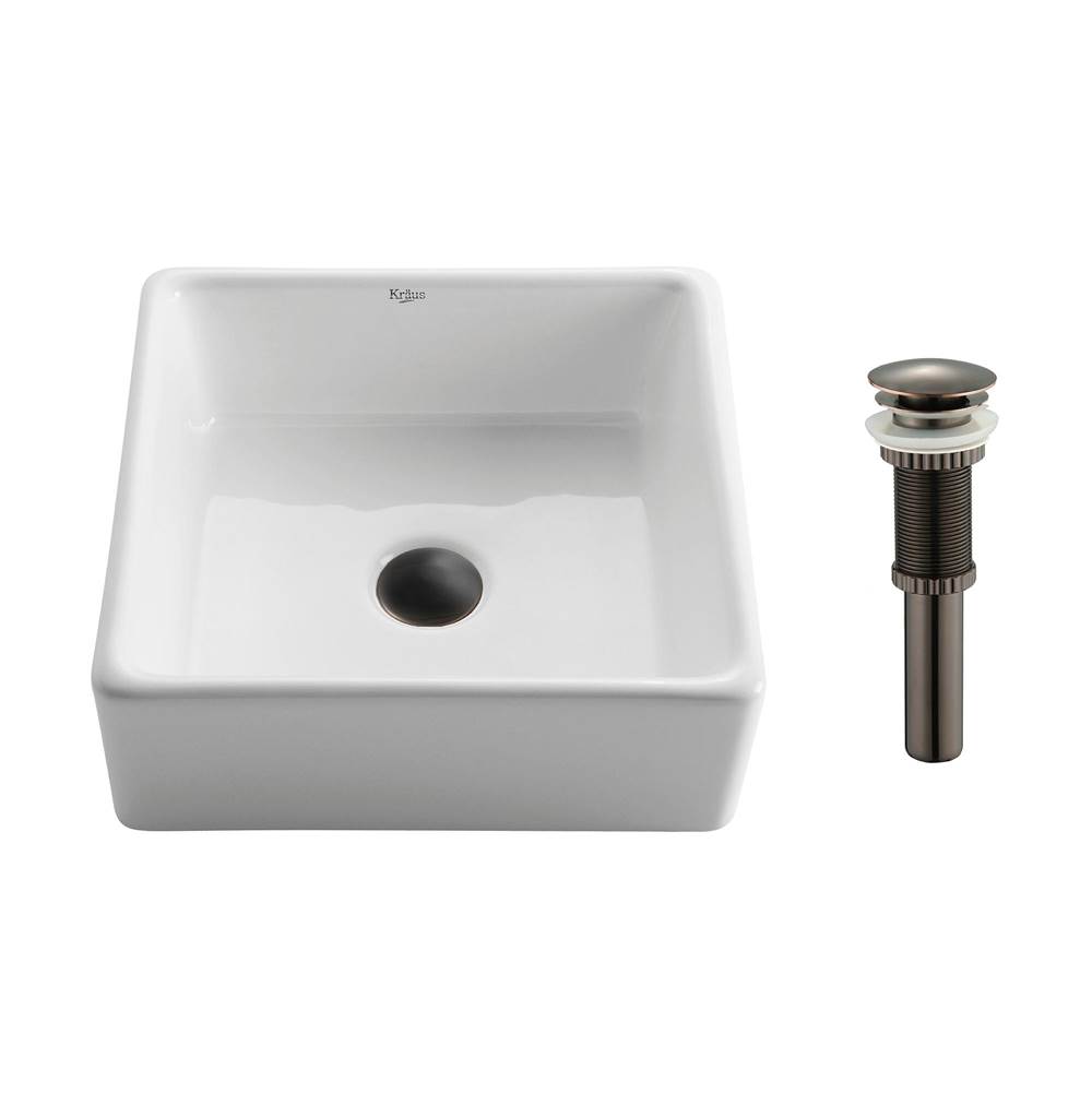Kraus KRAUS Square Ceramic Vessel Bathroom Sink in White with Pop-Up Drain in Oil Rubbed Bronze