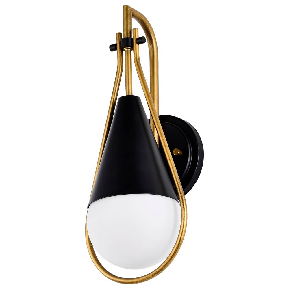 Nuvo Admiral 1 Light Wall Sconce; Matte Black and Natural Brass Finish; White Opal Glass